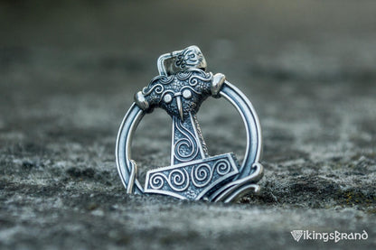 Thors Hammer Viking Pendant with Ornament Sterling Silver Unique Handmade Jewelry