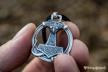 Thors Hammer Viking Pendant with Ornament Sterling Silver Unique Handmade Jewelry