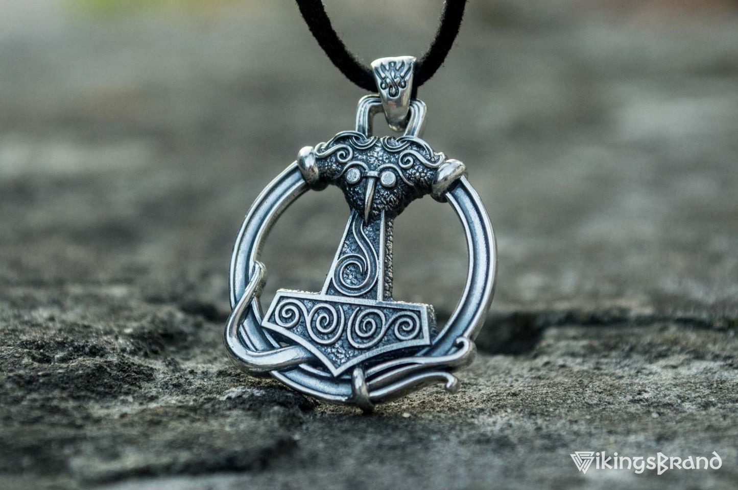 Thors Hammer Viking Pendant with Ornament Sterling Silver Unique Handmade Jewelry