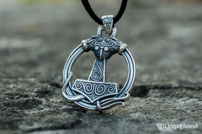 Thors Hammer Viking Pendant with Ornament Sterling Silver Unique Handmade Jewelry