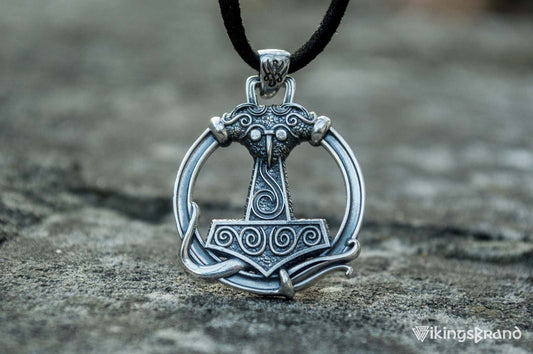 Thors Hammer Viking Pendant with Ornament Sterling Silver Unique Handmade Jewelry