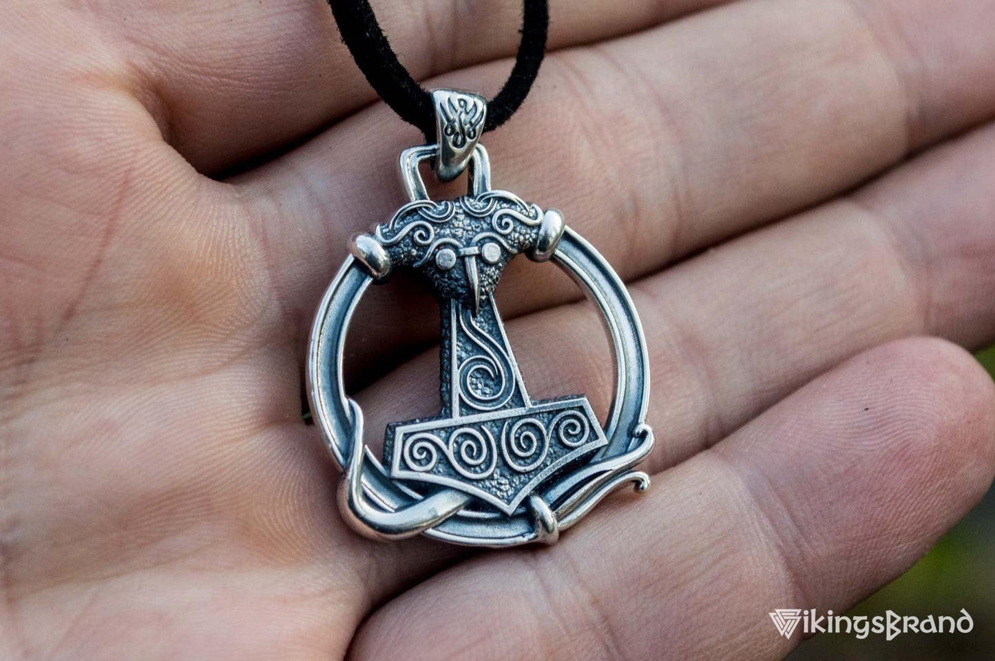 Thors Hammer Viking Pendant with Ornament Sterling Silver Unique Handmade Jewelry