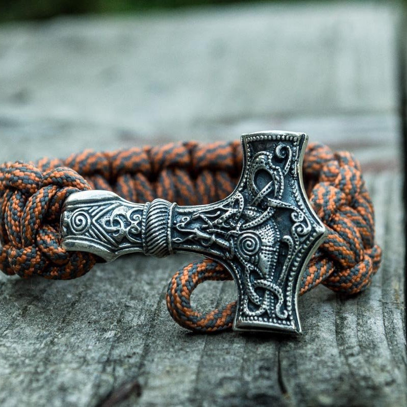 Thors Hammer with Grey Paracord 925 Sterling Silver Bracelet - VikingsBrand