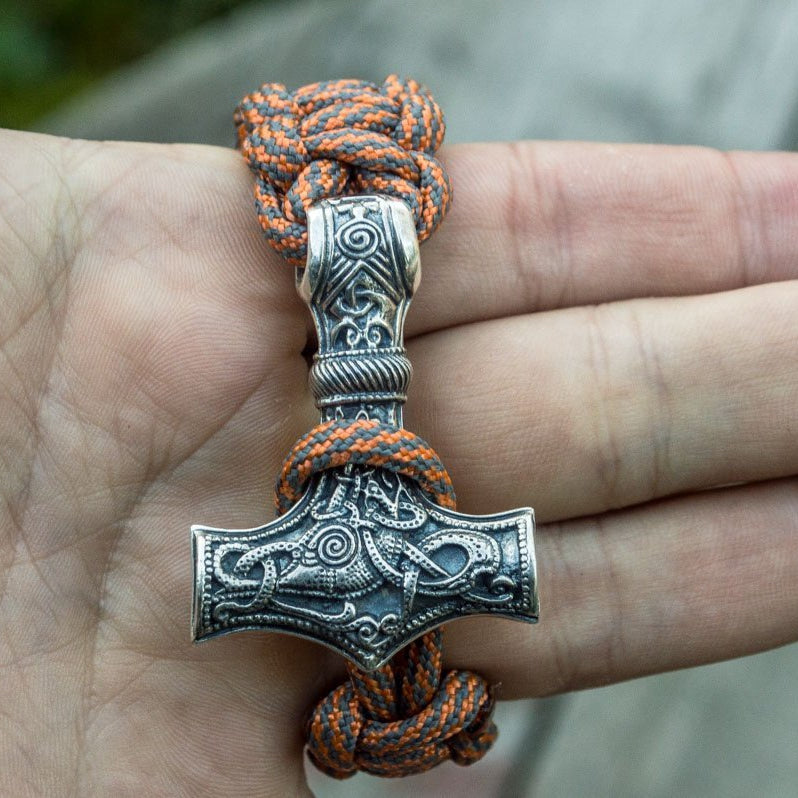 Thors Hammer with Grey Paracord 925 Sterling Silver Bracelet - VikingsBrand