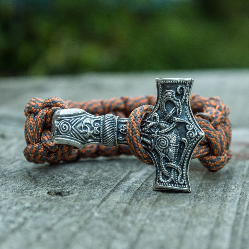Thors Hammer with Grey Paracord 925 Sterling Silver Bracelet - VikingsBrand