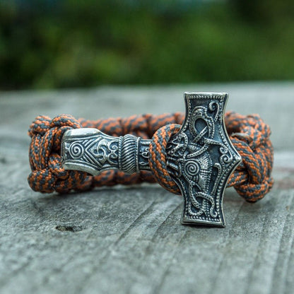 Thors Hammer with Grey Paracord 925 Sterling Silver Bracelet - VikingsBrand