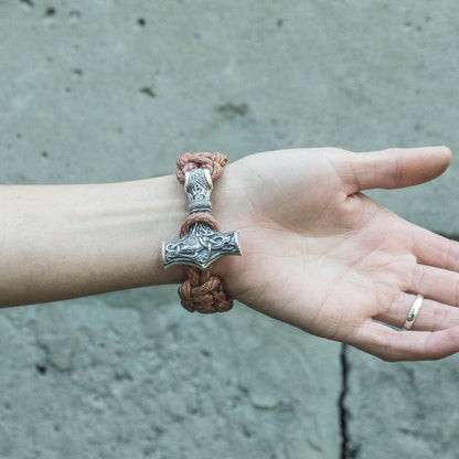 Thors Hammer with Grey Paracord 925 Sterling Silver Bracelet - VikingsBrand