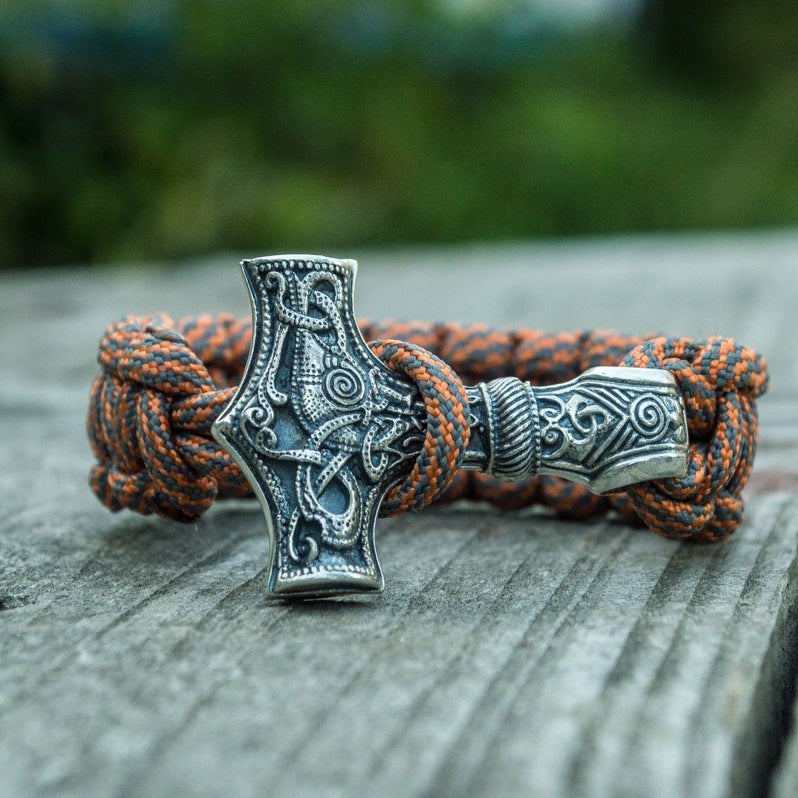 Thors Hammer with Grey Paracord 925 Sterling Silver Bracelet - VikingsBrand