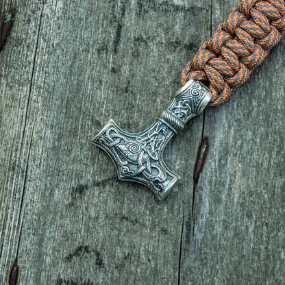Thors Hammer with Grey Paracord 925 Sterling Silver Bracelet - VikingsBrand