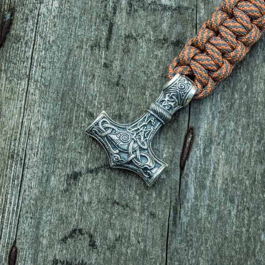 Thors Hammer with Grey Paracord 925 Sterling Silver Bracelet - VikingsBrand