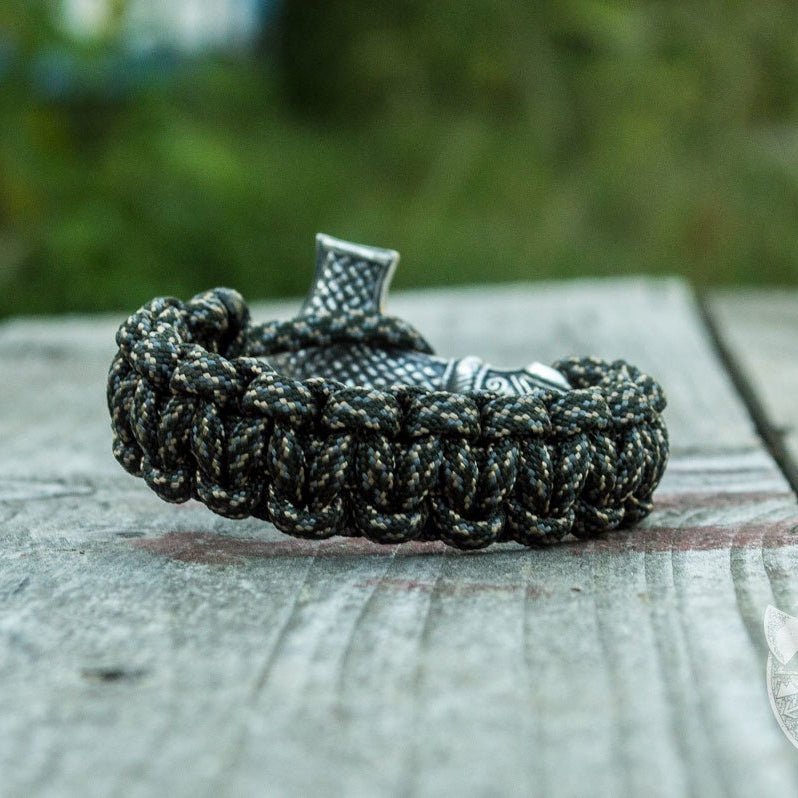 Thors Hammer with Olive Paracord 925 Sterling Silver Bracelet - VikingsBrand