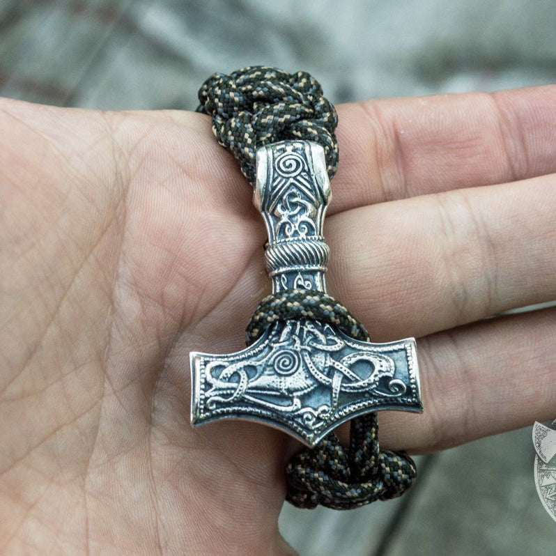 Thors Hammer with Olive Paracord 925 Sterling Silver Bracelet - VikingsBrand