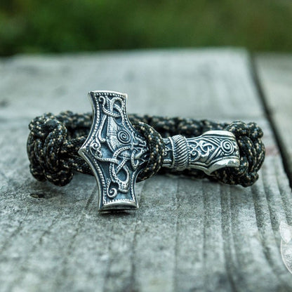 Thors Hammer with Olive Paracord 925 Sterling Silver Bracelet - VikingsBrand