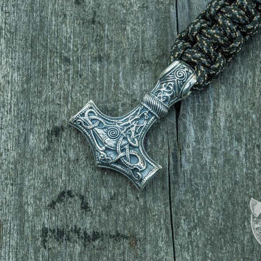 Thors Hammer with Olive Paracord 925 Sterling Silver Bracelet - VikingsBrand