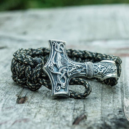 Thors Hammer with Olive Paracord 925 Sterling Silver Bracelet - VikingsBrand
