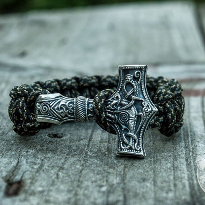 Thors Hammer with Olive Paracord 925 Sterling Silver Bracelet - VikingsBrand