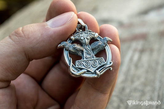 Thors Hammer with Ravens Vikings Pendant Sterling Silver Handcrafted Jewelry