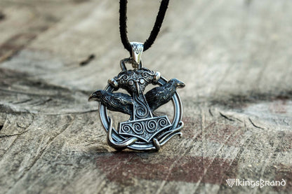 Thors Hammer with Ravens Vikings Pendant Sterling Silver Handcrafted Jewelry