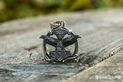 Thors Hammer with Ravens Vikings Pendant Sterling Silver Handcrafted Jewelry