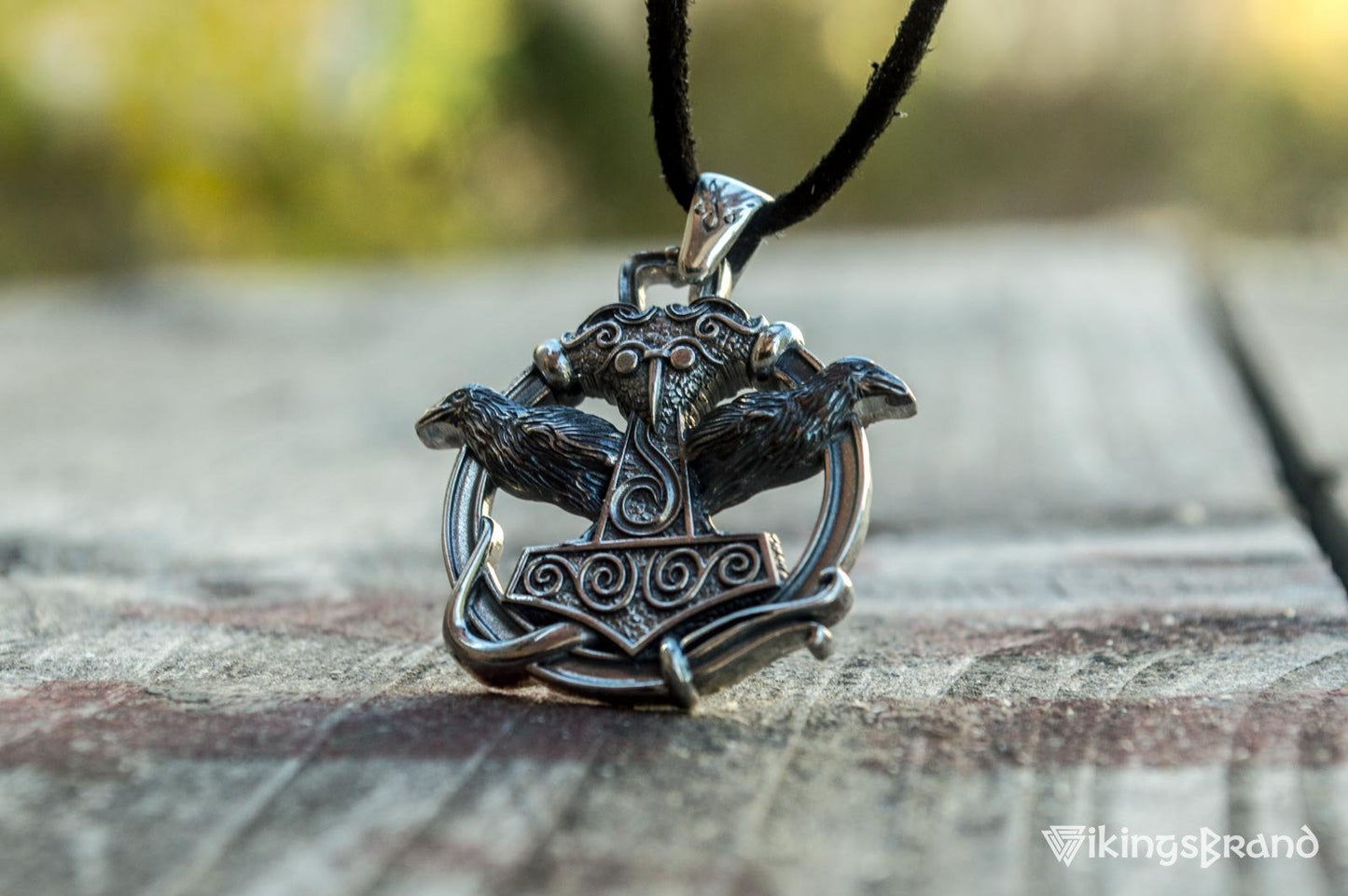 Thors Hammer with Ravens Vikings Pendant Sterling Silver Handcrafted Jewelry