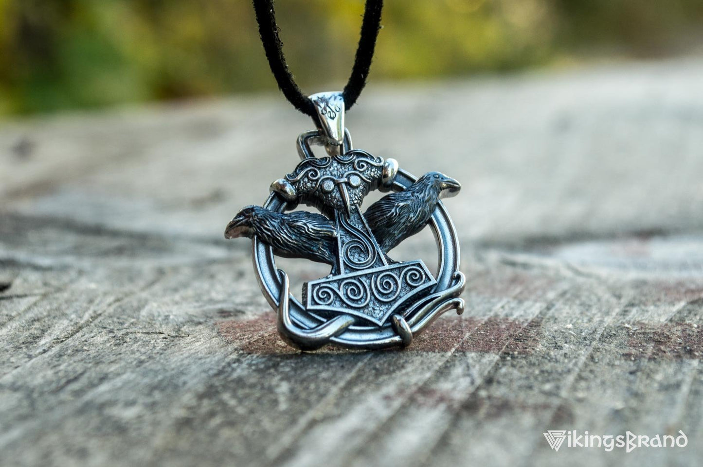 Thors Hammer with Ravens Vikings Pendant Sterling Silver Handcrafted Jewelry