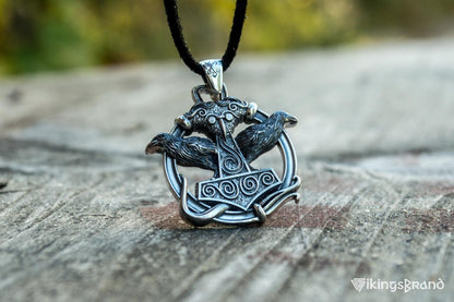 Thors Hammer with Ravens Vikings Pendant Sterling Silver Handcrafted Jewelry