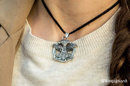 Thors Hammer with Ravens Vikings Pendant Sterling Silver Handcrafted Jewelry