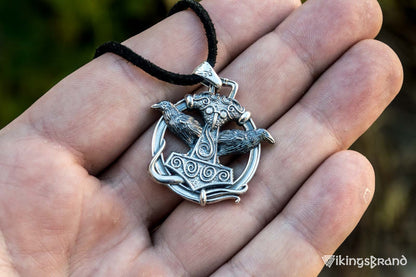 Thors Hammer with Ravens Vikings Pendant Sterling Silver Handcrafted Jewelry