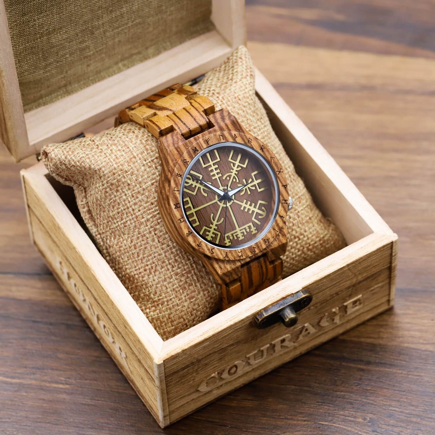 Torsten Viking Wooden Watch with Carved Vegvisir Viking Compass & Custom Engravings