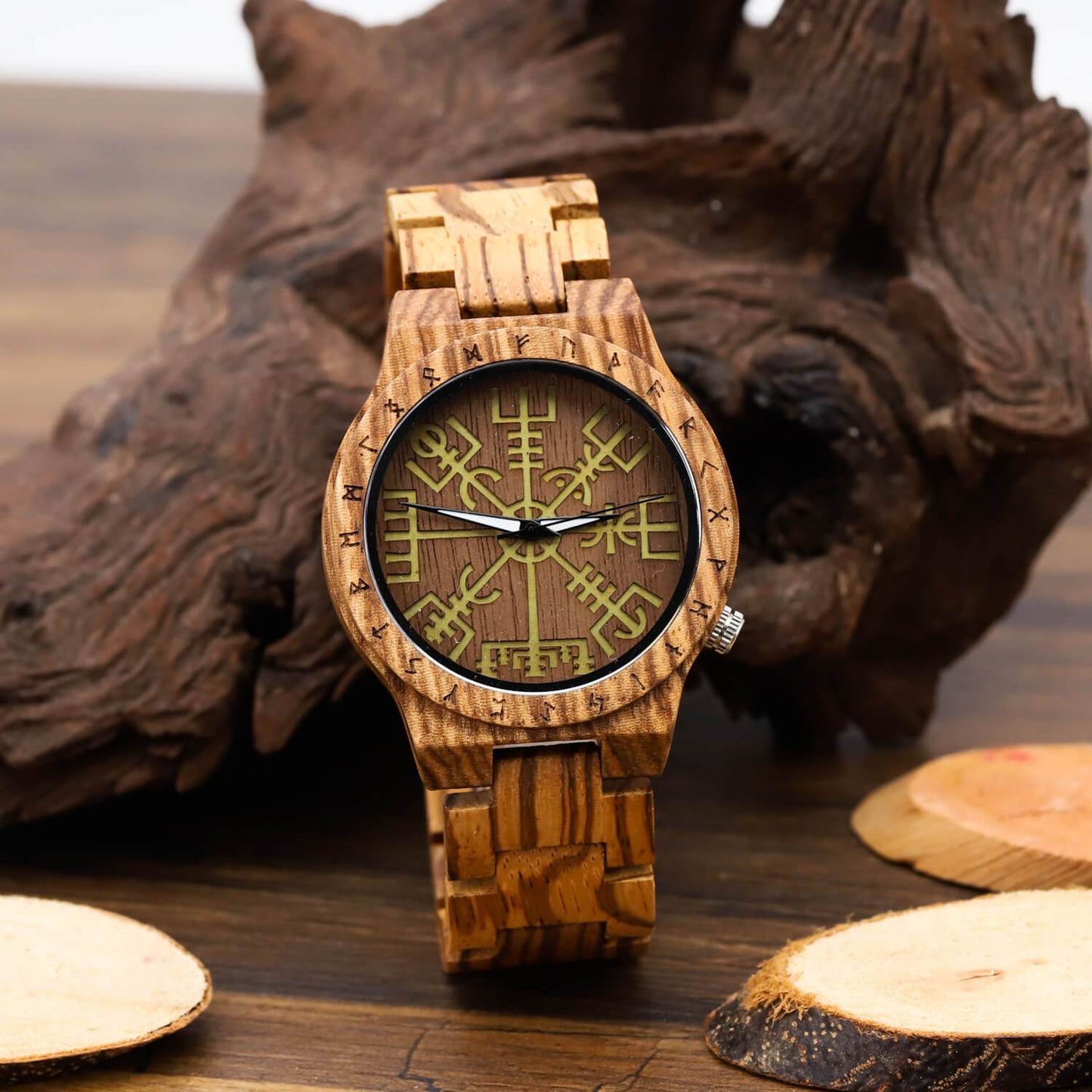 Torsten Viking Wooden Watch with Carved Vegvisir Viking Compass & Custom Engravings