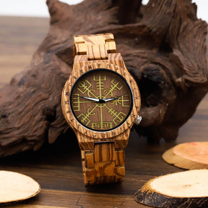 Torsten Viking Wooden Watch with Carved Vegvisir Viking Compass & Custom Engravings
