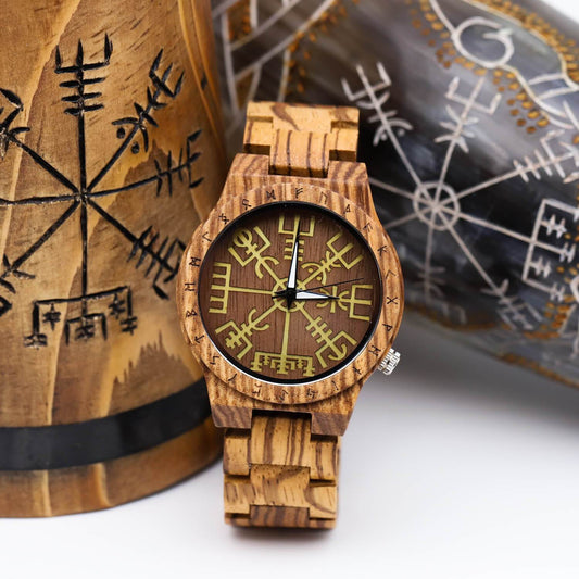 Torsten Viking Wooden Watch with Carved Vegvisir Viking Compass & Custom Engravings