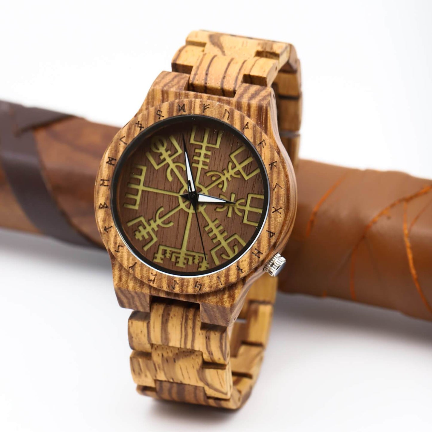 Torsten Viking Wooden Watch with Carved Vegvisir Viking Compass & Custom Engravings