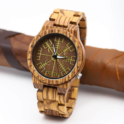 Torsten Viking Wooden Watch with Carved Vegvisir Viking Compass & Custom Engravings