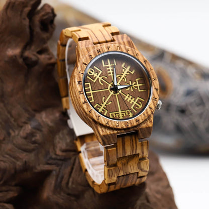 Torsten Viking Wooden Watch with Carved Vegvisir Viking Compass & Custom Engravings