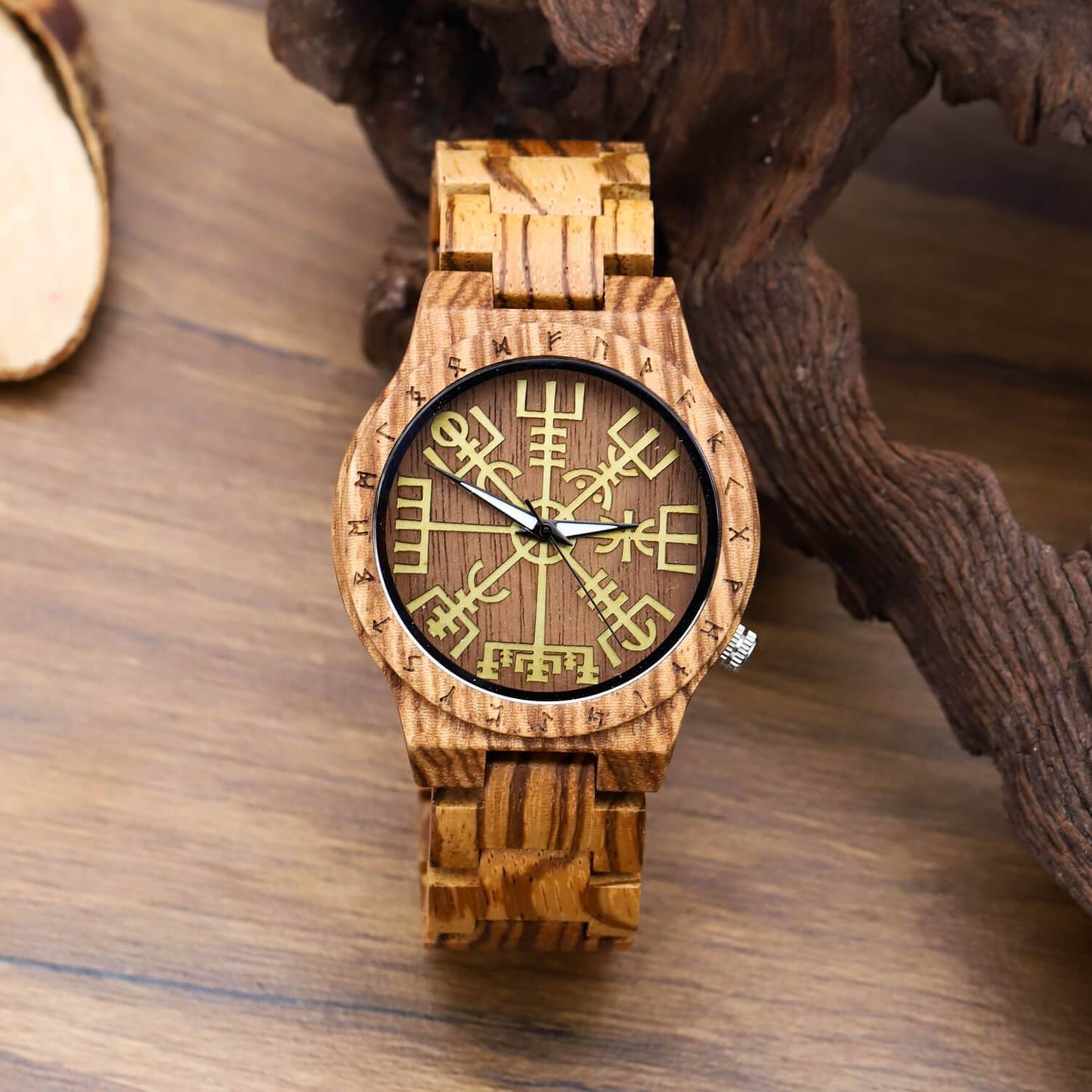 Torsten Viking Wooden Watch with Carved Vegvisir Viking Compass & Custom Engravings