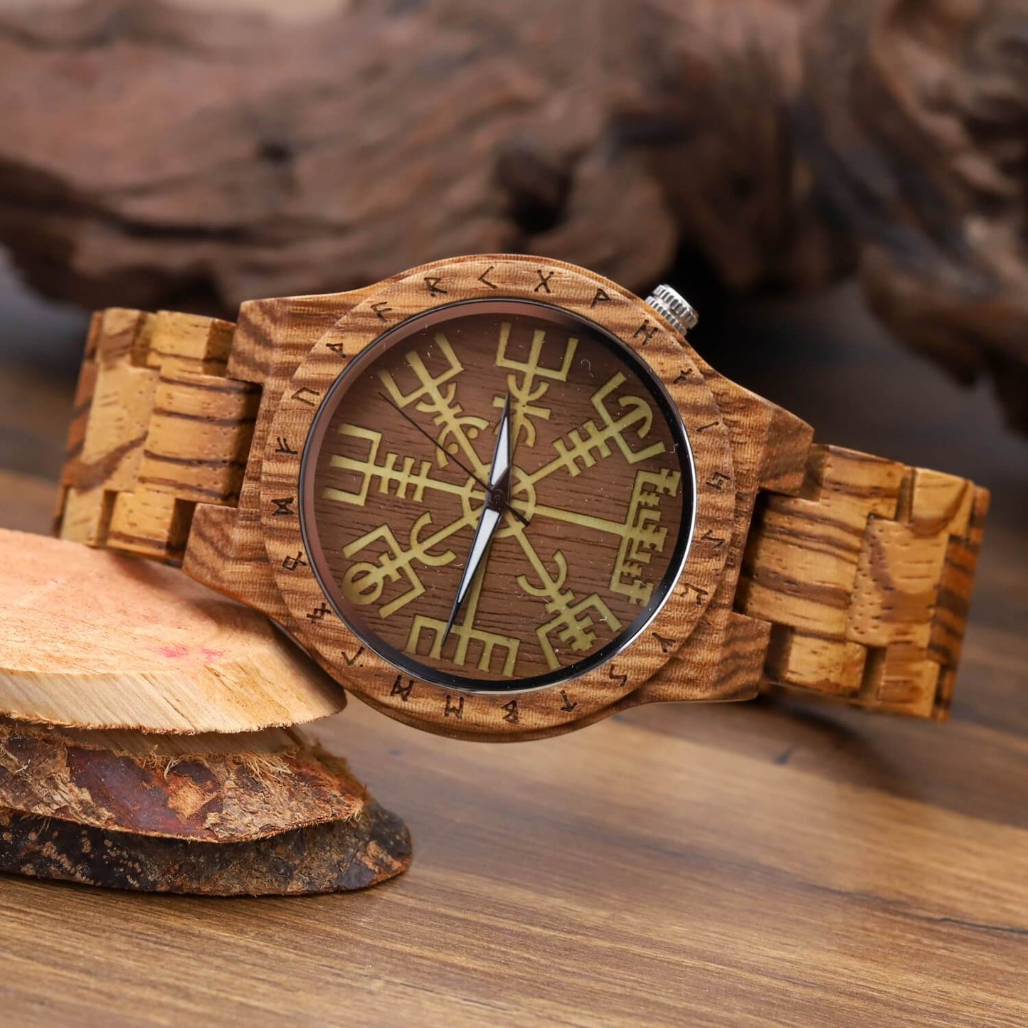 Torsten Viking Wooden Watch with Carved Vegvisir Viking Compass & Custom Engravings