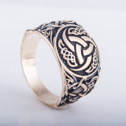 Triple Horn of Odin Bronze Viking Ring with Mammen Ornament