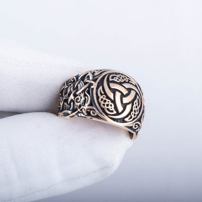Triple Horn of Odin Bronze Viking Ring with Mammen Ornament