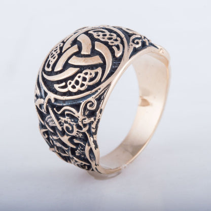 Triple Horn of Odin Bronze Viking Ring with Mammen Ornament