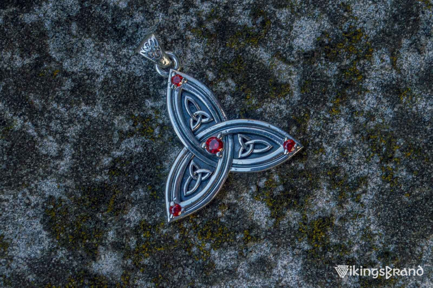Triquetra Viking Symbol Pendant with Red Cubic Zirconia Sterling Silver Celtic Jewelry