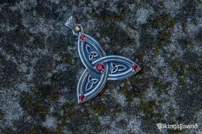Triquetra Viking Symbol Pendant with Red Cubic Zirconia Sterling Silver Celtic Jewelry