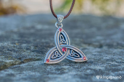 Triquetra Viking Symbol Pendant with Red Cubic Zirconia Sterling Silver Celtic Jewelry