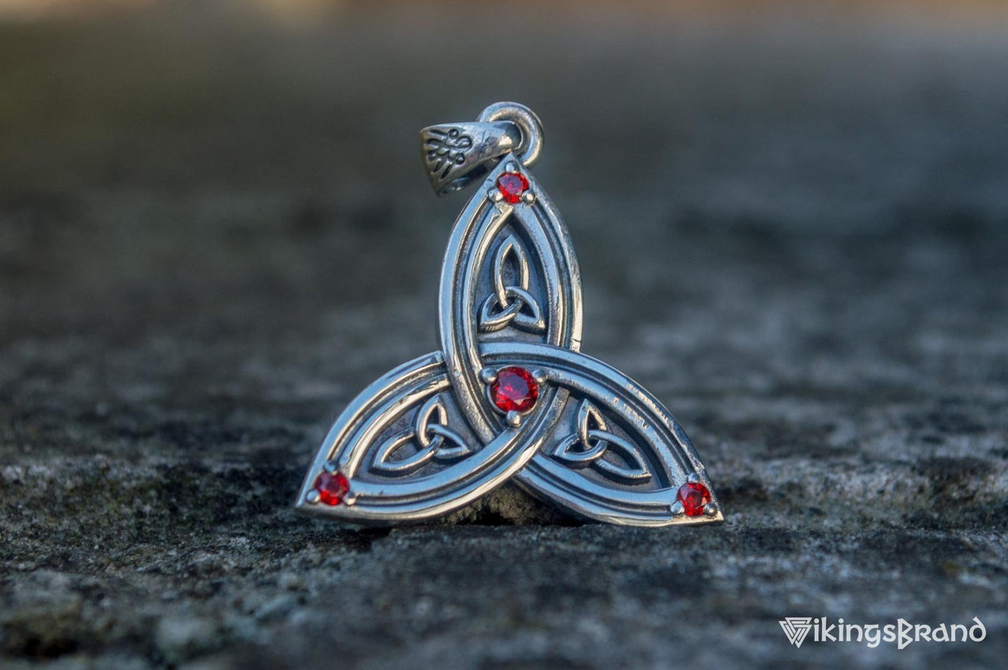 Triquetra Viking Symbol Pendant with Red Cubic Zirconia Sterling Silver Celtic Jewelry