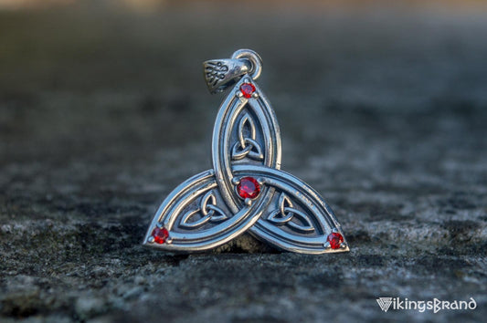 Triquetra Viking Symbol Pendant with Red Cubic Zirconia Sterling Silver Celtic Jewelry