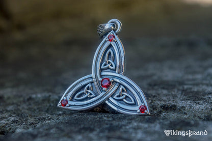 Triquetra Viking Symbol Pendant with Red Cubic Zirconia Sterling Silver Celtic Jewelry