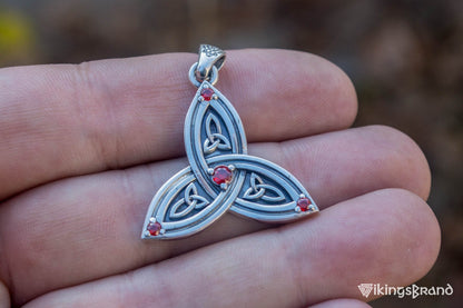 Triquetra Viking Symbol Pendant with Red Cubic Zirconia Sterling Silver Celtic Jewelry