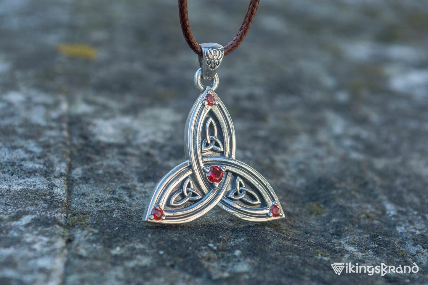 Triquetra Viking Symbol Pendant with Red Cubic Zirconia Sterling Silver Celtic Jewelry