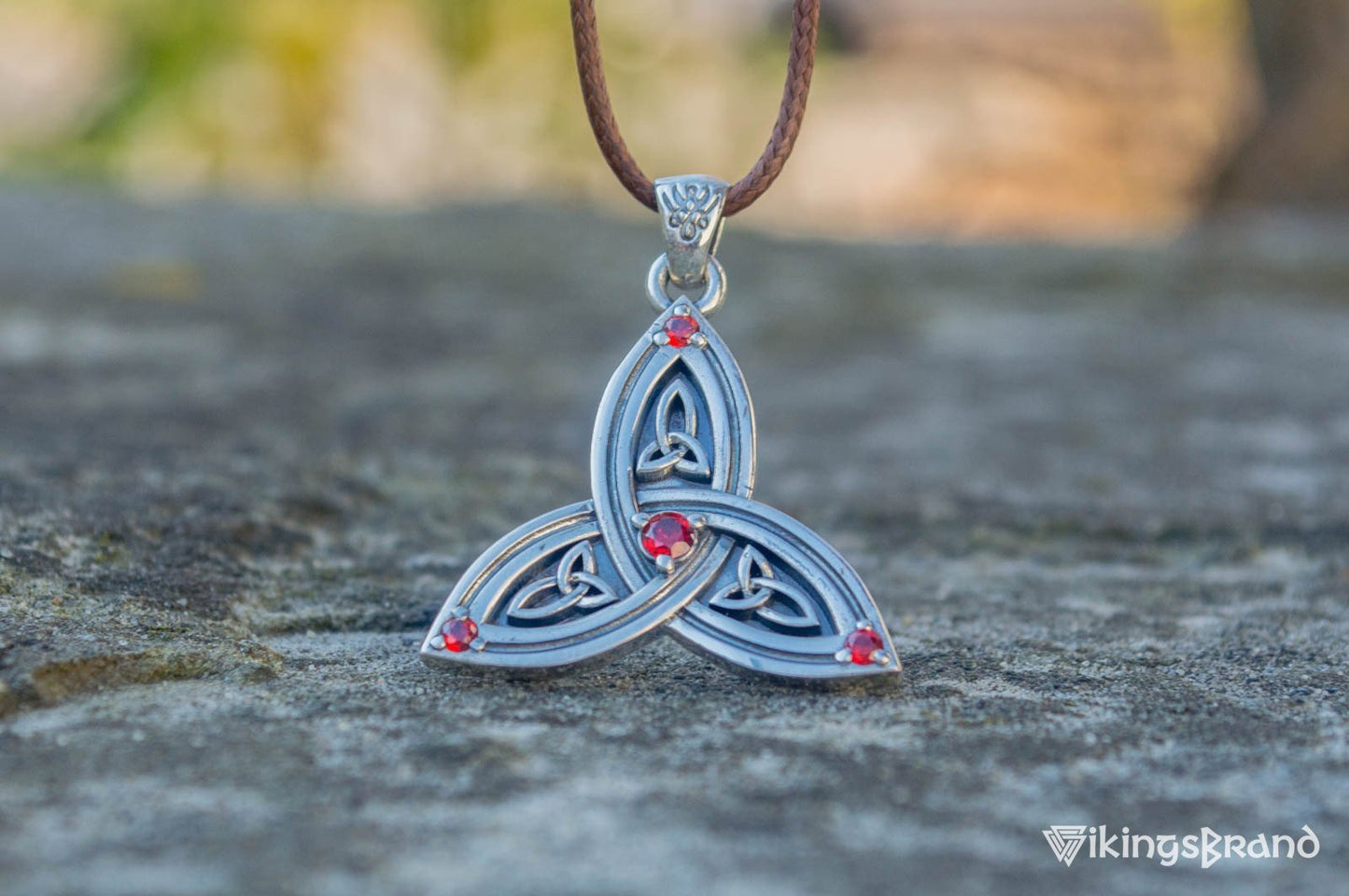 Triquetra Viking Symbol Pendant with Red Cubic Zirconia Sterling Silver Celtic Jewelry