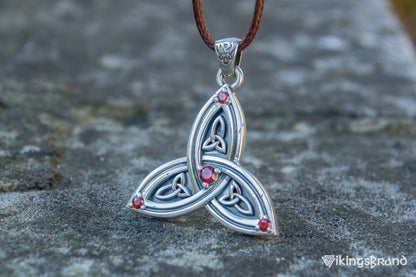 Triquetra Viking Symbol Pendant with Red Cubic Zirconia Sterling Silver Celtic Jewelry